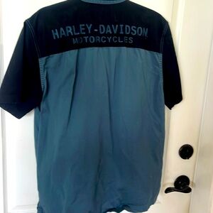 EUC Harley Davidson blue & black button-down, short sleeve cotton shirt M